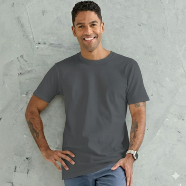 A male model wearing a charcoal grey LOFT Mens Premium Cotton Tshirt with a longer body, a mid-weight, regular fit, and a crew neck.