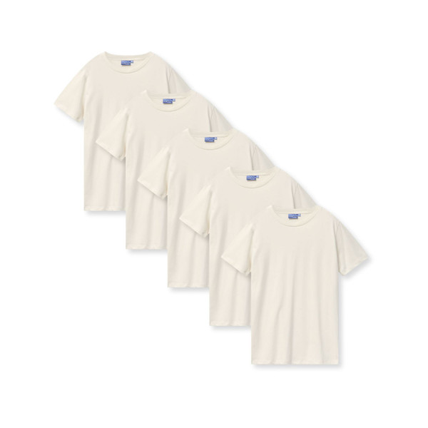 Five natural cream LOFT premium cotton crew neck tees arranged in overlapping diagonal flat lay