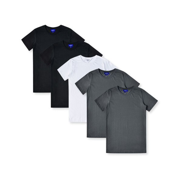 Five crew neck t-shirts in black, white and charcoal grey with chest pocket detail