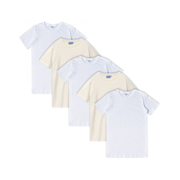 Five overlapping crew neck tees in white and natural, smooth flat panels ideal for print decoration