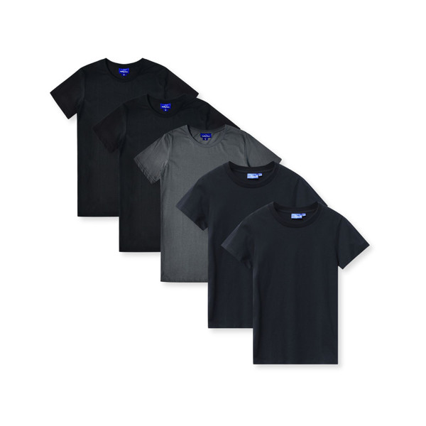 Five crew neck t-shirts in black, charcoal and navy displayed in overlapping diagonal layout