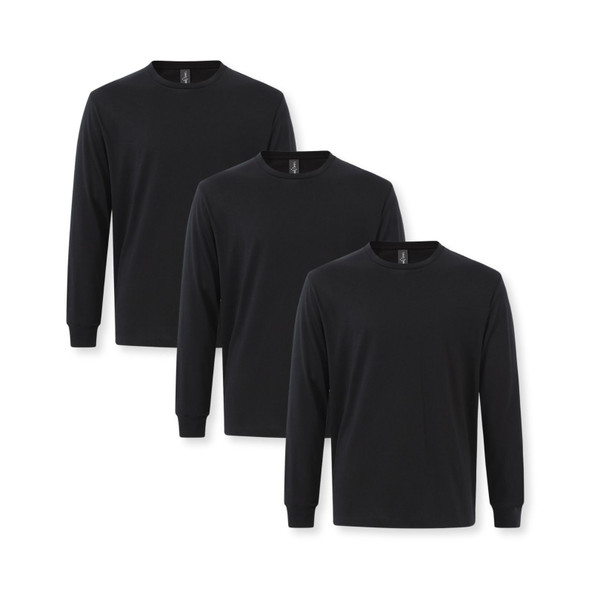 Three black long sleeve crew neck tees with ribbed cuffs displayed in overlapping arrangement