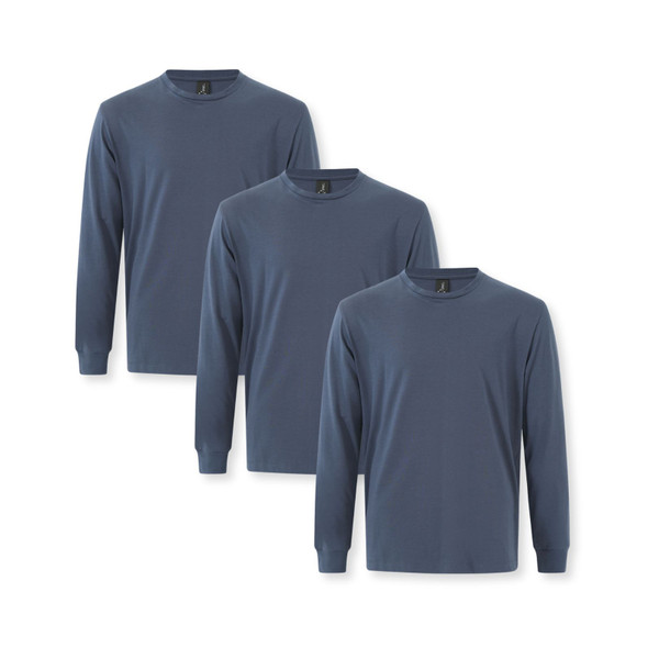 Three slate blue long sleeve crew neck tees with smooth flat chest panel for decoration