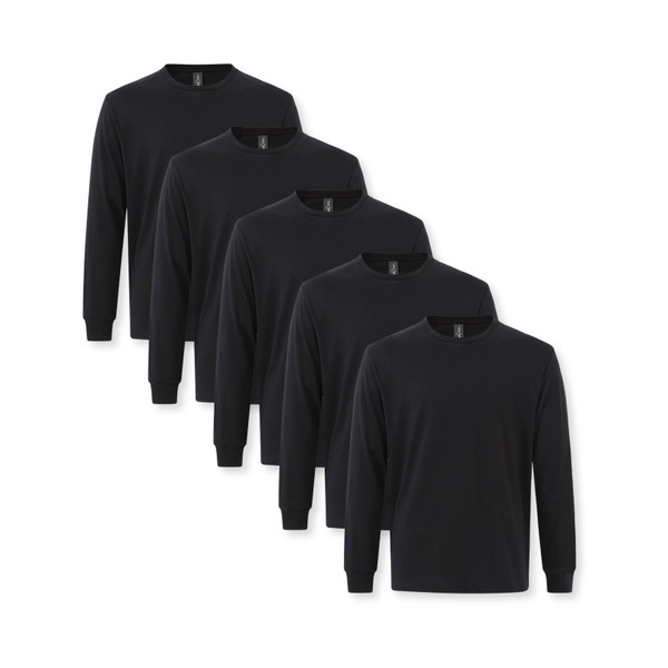Five black long sleeve crew neck t-shirts arranged in overlapping diagonal formation showing consistent flat front panel