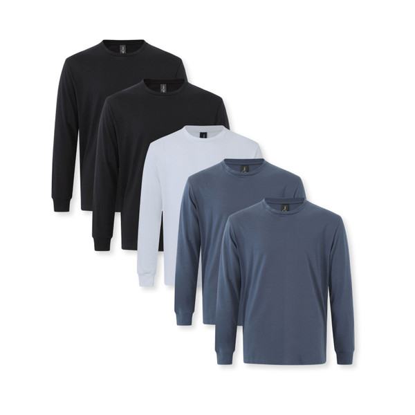 Five long sleeve crew neck tees in black, white and slate blue with smooth cotton finish