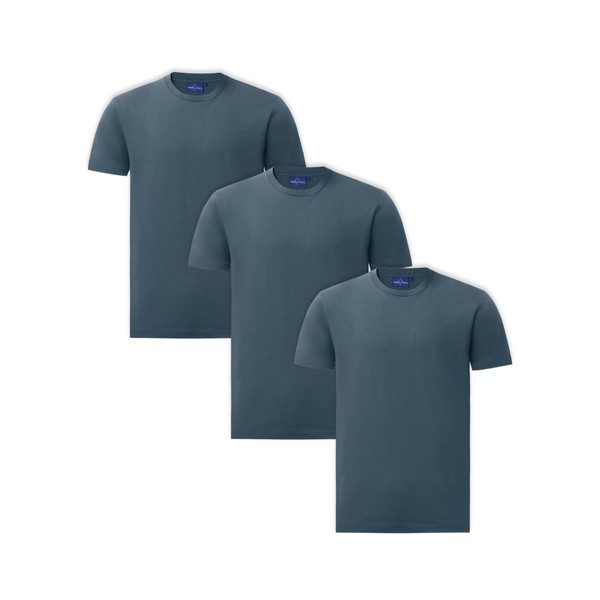 Three slate blue crew neck t-shirts with short sleeves and smooth cotton construction displayed in staggered layout