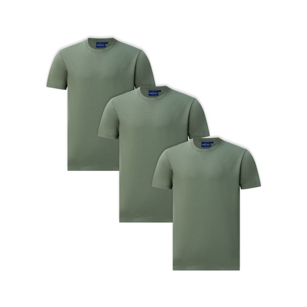 Three khaki green SOHO crew neck tees arranged in overlapping packshot, smooth jersey fabric with clean neckline finish