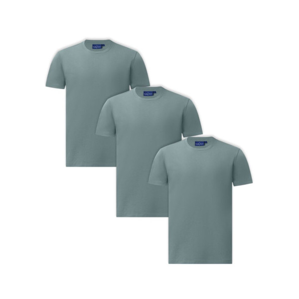 Three pastel blue crew neck t-shirts with set-in sleeves and smooth front panels ideal for decoration