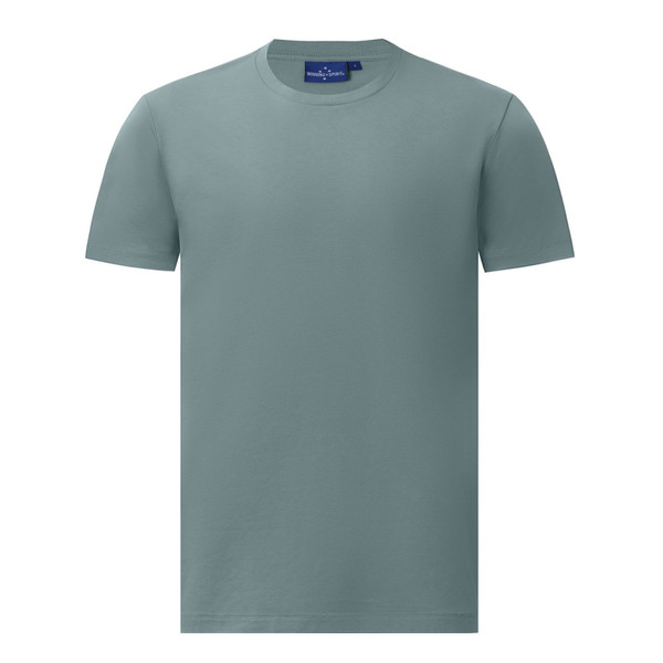 Pastel blue crew neck t-shirt with short sleeves and smooth flat front panel