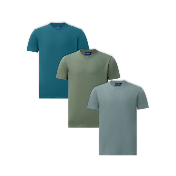 Three crew neck t-shirts in Atlantic teal, Mineral Green, and Pastel Blue arranged in overlapping display