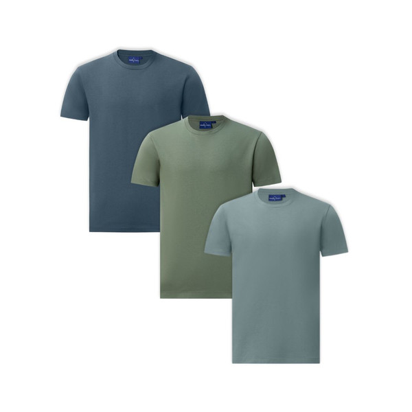 Three crew neck t-shirts in slate grey, mineral green and pastel blue with smooth cotton construction