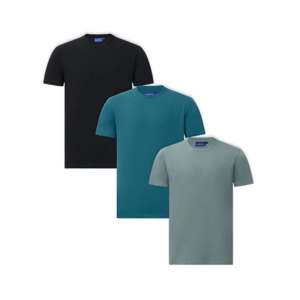 Three crew neck tees in black, atlantic teal, and pastel blue with smooth cotton construction