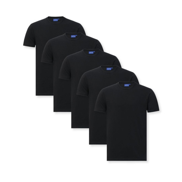 Five black crew neck t-shirts arranged in overlapping diagonal layout showing smooth cotton construction