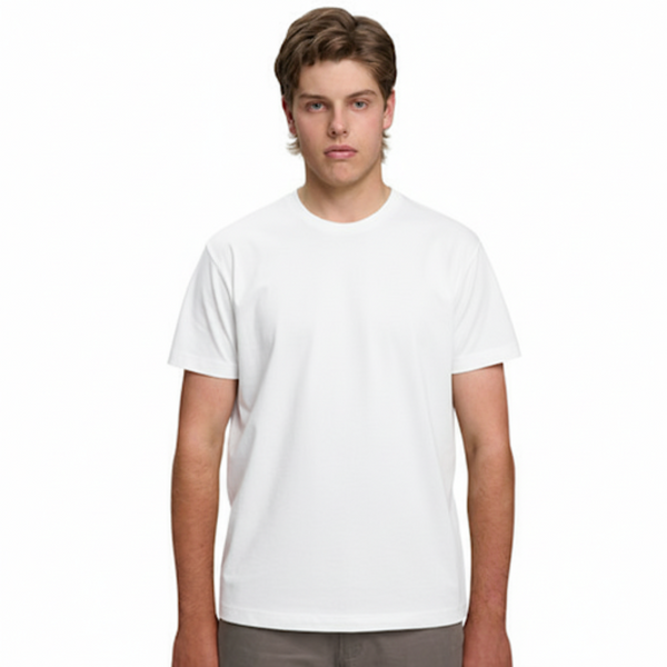 A male model with light brown hair wearing a plain white Soho Men's Premium New Tech Cotton Face T-shirt, standing against a white background.