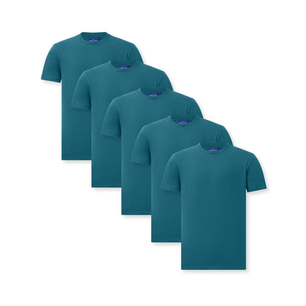 Five teal crew neck t-shirts with purple neck tape detail arranged in overlapping row