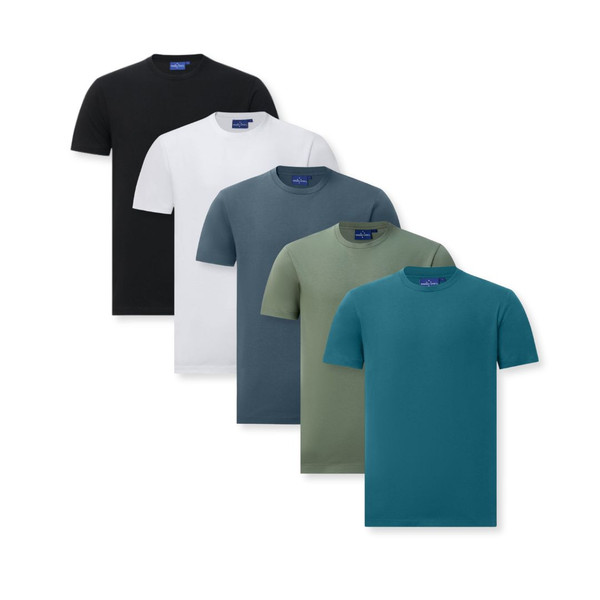 Five crew neck tees in black, white, slate grey, sage green and Atlantic teal arranged in overlapping display