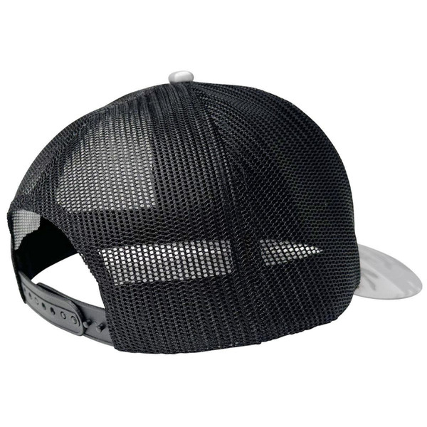 Rear view of snow camo and black mesh trucker cap with snapback closure and flat brim