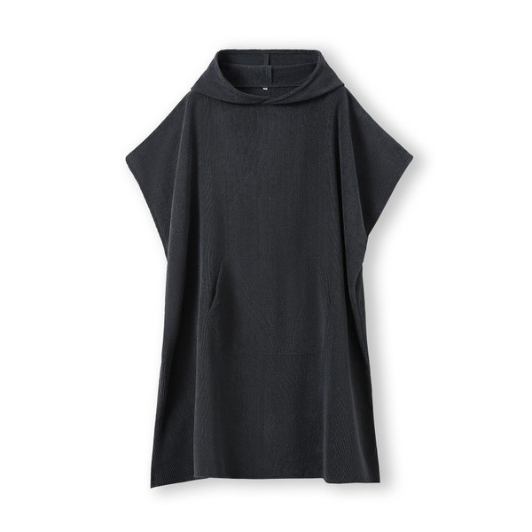 Charcoal grey hooded towel poncho with kangaroo pocket and short sleeves laid flat on white background