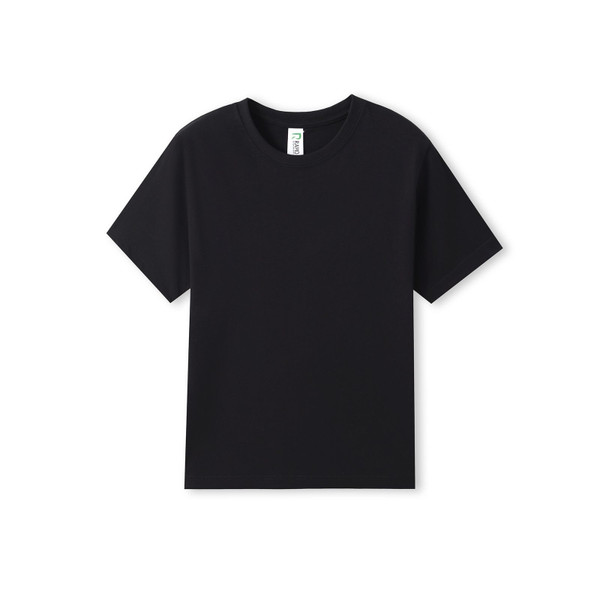 Black organic cotton kids t-shirt with crew neck and short sleeves on white background
