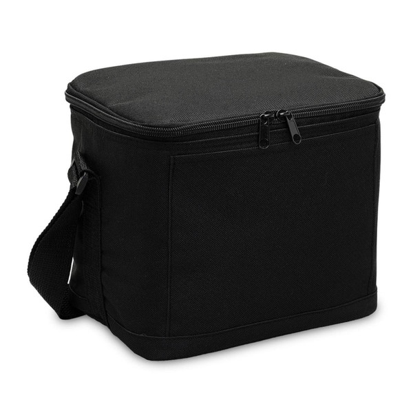 Black insulated cooler bag with zippered top lid, adjustable shoulder strap and structured rectangular shape