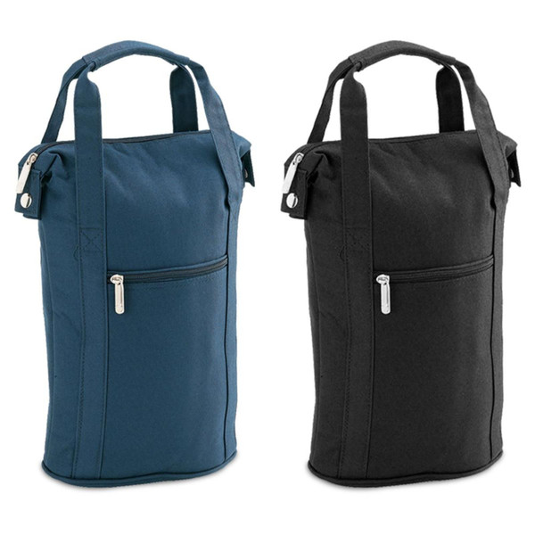 Steel blue and black two-bottle wine cooler bags with top carry handles, front zip pocket, and rounded base