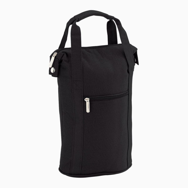 Black insulated wine cooler bag with dual carry handles and front zippered pocket