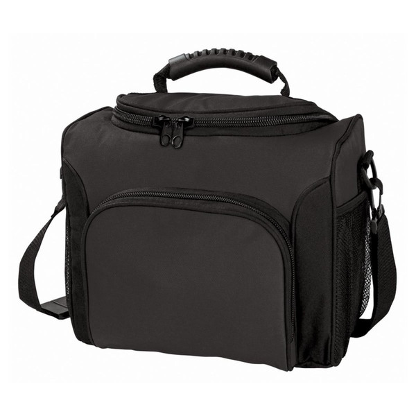 Black insulated cooler bag with padded carry handle, adjustable shoulder strap, front pocket and mesh side pocket