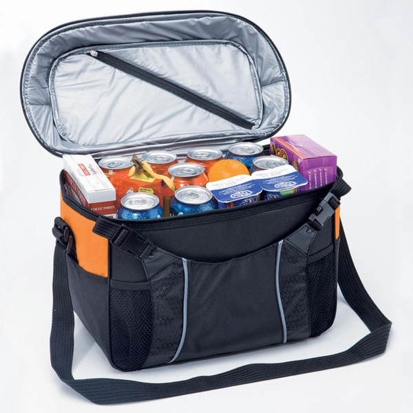 Navy and orange insulated cooler bag with silver lining, open top showing storage capacity and external mesh pockets