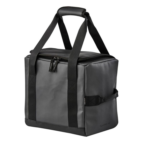 Charcoal grey insulated cooler bag with black webbing handles and external side pocket