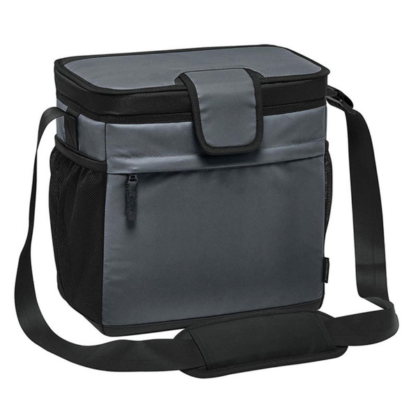 Slate grey and black 16-can cooler bag with front zip pocket, mesh side pocket, and adjustable shoulder strap