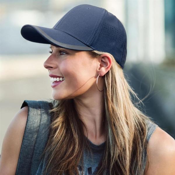 Navy cap with perforated side panels and structured six-panel construction