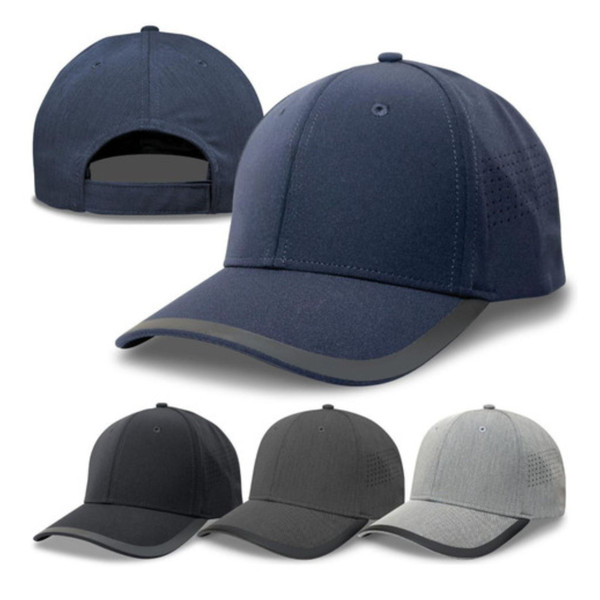 Navy structured six-panel cap with perforated side panels and adjustable snapback closure