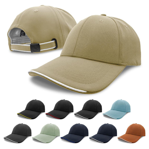 Khaki six-panel baseball cap with contrast sandwich brim piping, shown in multiple colour options including black, sage, navy, sky blue and rust