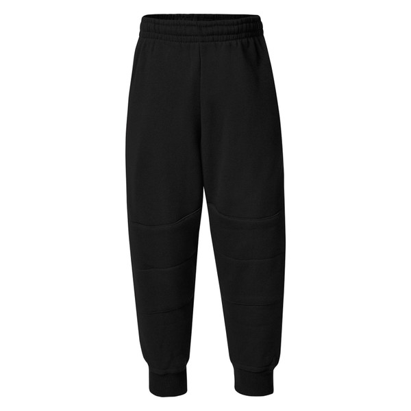 Black fleece trackpants with reinforced double knee panels and elasticated cuffs