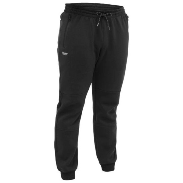 Black fleece track pants with drawstring waist, zip pockets, articulated knee panels and ribbed cuffs