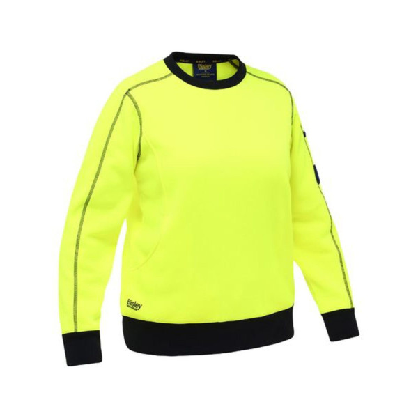 Hi-vis yellow fleece crew neck jumper with black contrast trim on collar, cuffs and hem