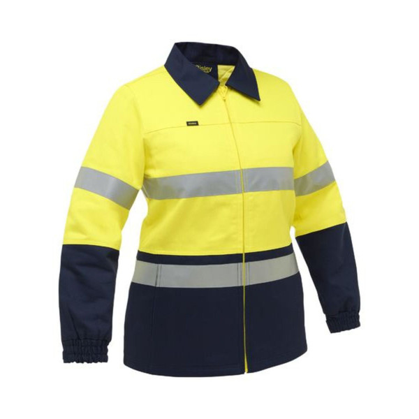 Women's hi-vis drill jacket in yellow and navy with reflective tape bands and zip front
