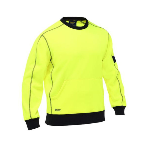 Safety yellow fleece crew neck jumper with black collar, cuffs and hem contrast