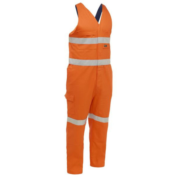 Orange hi vis sleeveless overall with reflective tape bands, V-neckline, chest pocket, and cargo leg pocket