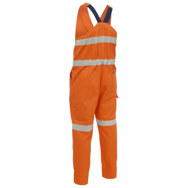 Orange hi-vis overalls with silver reflective tape on torso and legs, navy cross-back straps