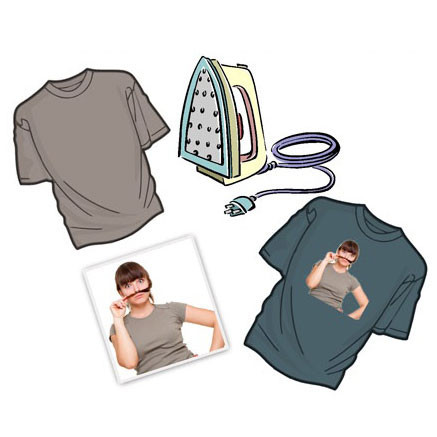 Heat transfer paper package with dark slate and charcoal tee shirts, iron, and printed design sample displayed