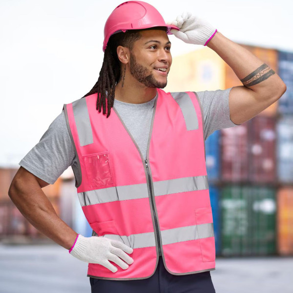 Fluorescent pink high-visibility safety vest with silver reflective tape, chest pocket and zip front