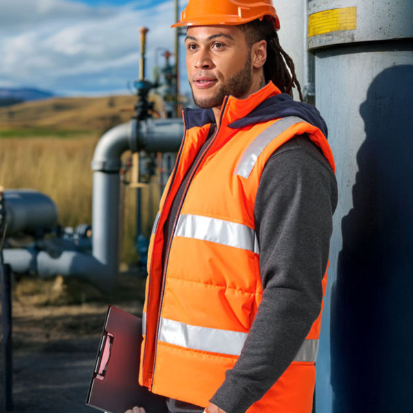 Male worker in hi-vis orange puffer vest with silver reflective tape worn over grey hoodie at industrial site