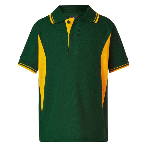 Forest green kids polo with gold contrast raglan panels and tipped collar and sleeves