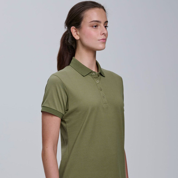 Olive green women's polo shirt with collar and button placket in soft pique cotton