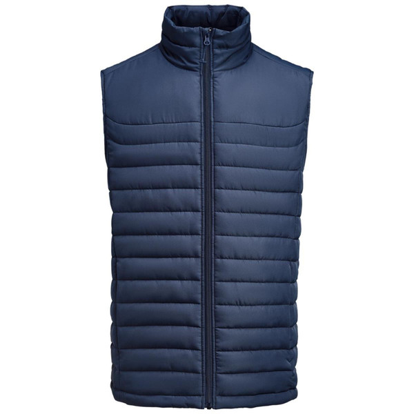 Navy quilted puffer vest with full-length centre zip and stand collar