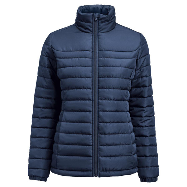 Navy quilted puffer jacket with full zip front and stand collar featuring horizontal padded channels