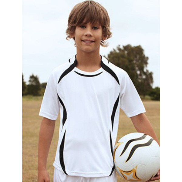 White kids sports jersey with black contrast raglan sleeves and side panels