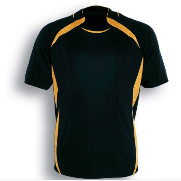Black kids sports jersey with gold contrast panels on shoulders and sides