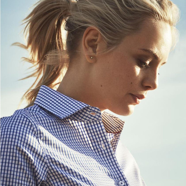 Women's royal blue gingham check shirt with button-down collar and fitted silhouette